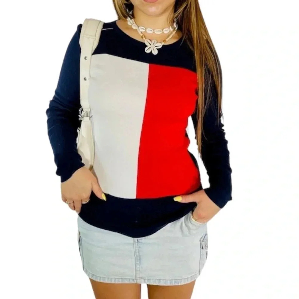 TOMMY HILFIGER | Vintage 90’s Flag Colorblock 100% Cotton Knit Sweater Size S - Picture 2 of 6